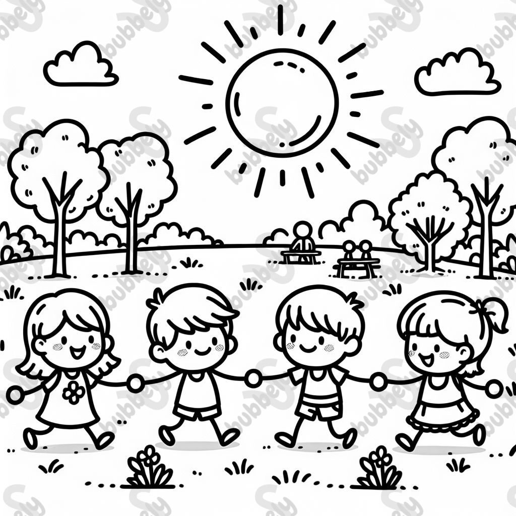 5 stick people children holding hands and playing outside under the sun