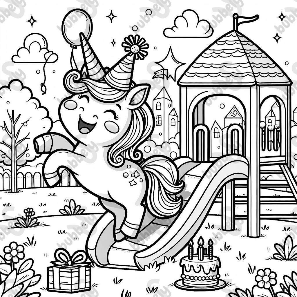 a birthday unicorn on a playground