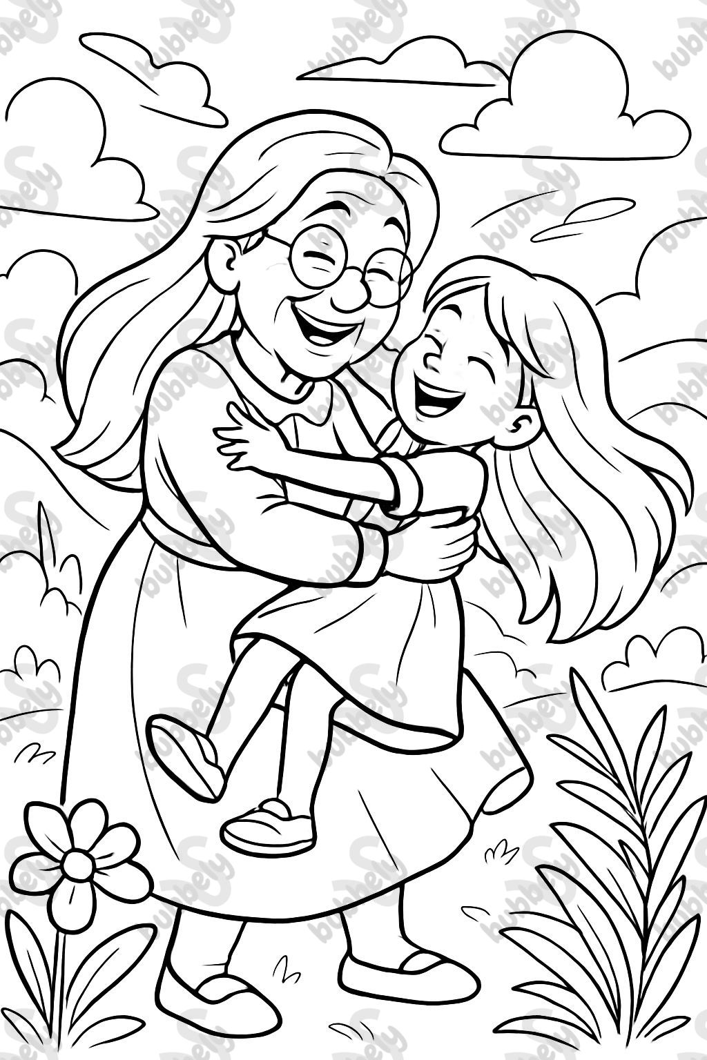 Großemutter mit langen haaren ud großes mädchen mit langen haare im arm