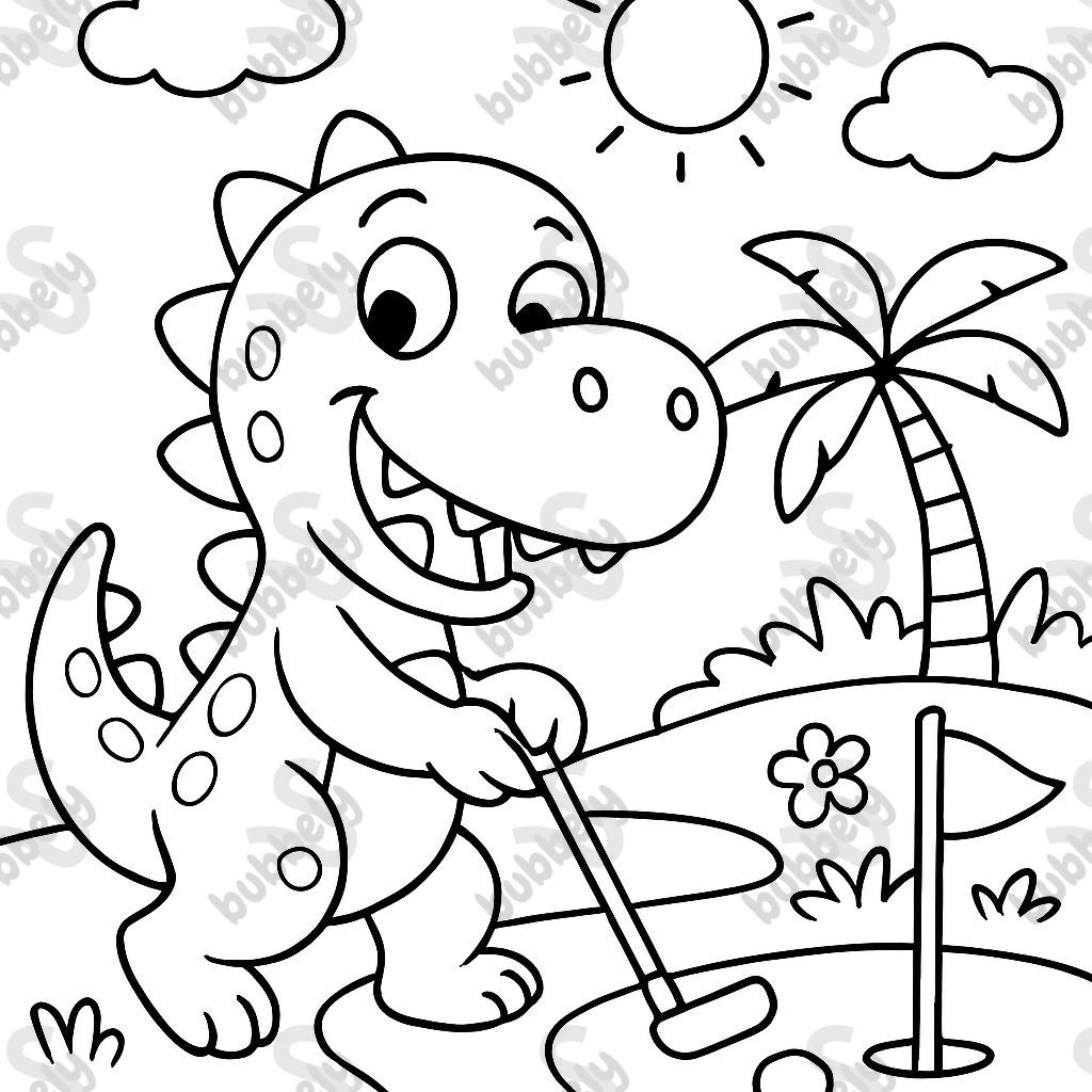a dinosaur playing mini golf