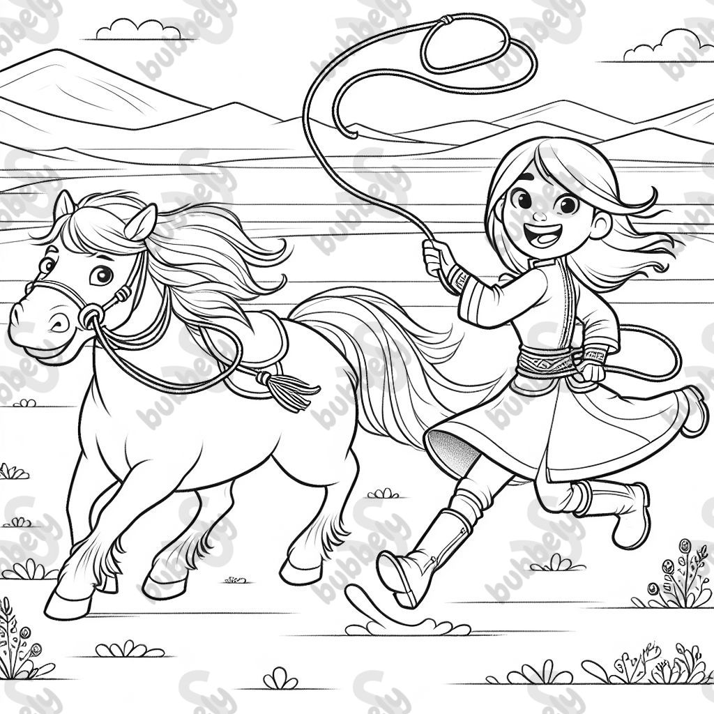 Eine mongolische Frau mit einem Lasso auf einem Pferd verfolgt ein Pferd um es zu fangen 