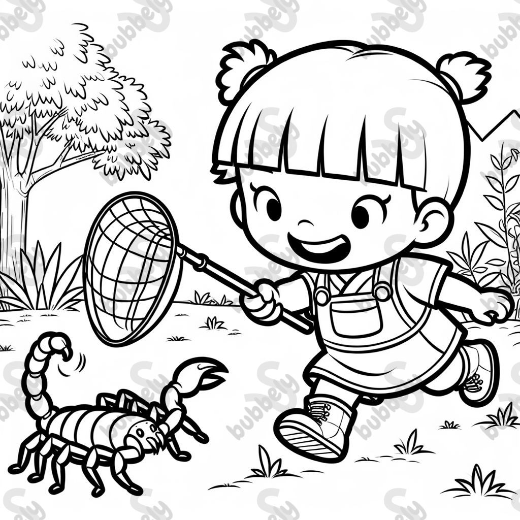 A 3-year-old Chinese girl with short hair catching a scorpion with a bug net.