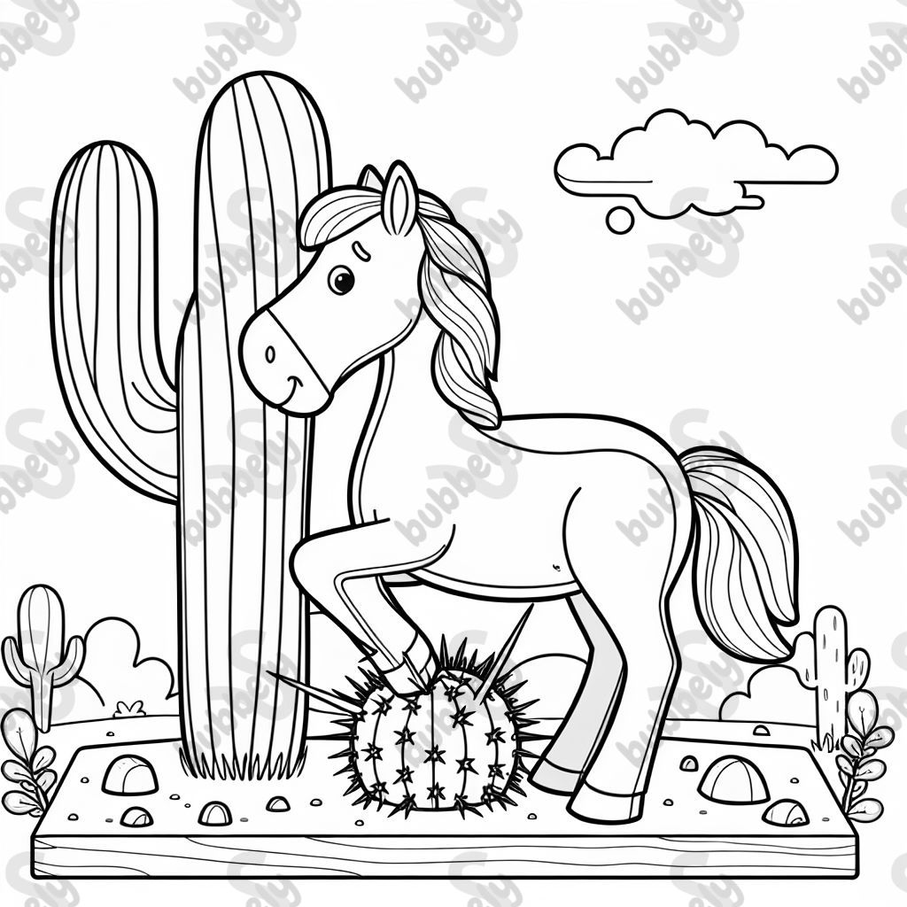 Un cheval drôle qui se pique sur un cactus