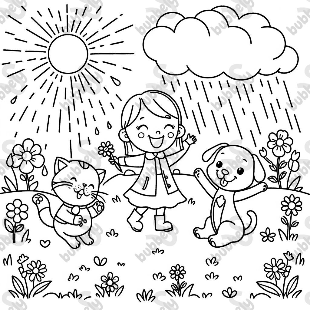 Rainy sunny day with grass and flowers with a cat dog and kid