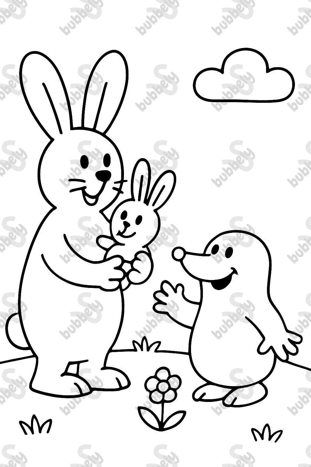 El topo salva al conejito - Mamá Conejo está con sus conejitos, sosteniendo uno en su mano, el topo también está allí - todos están felices El topo salva al conejito - Mamá Conejo está con sus conejitos, sosteniendo uno en su mano, el topo también está allí - todos están felices