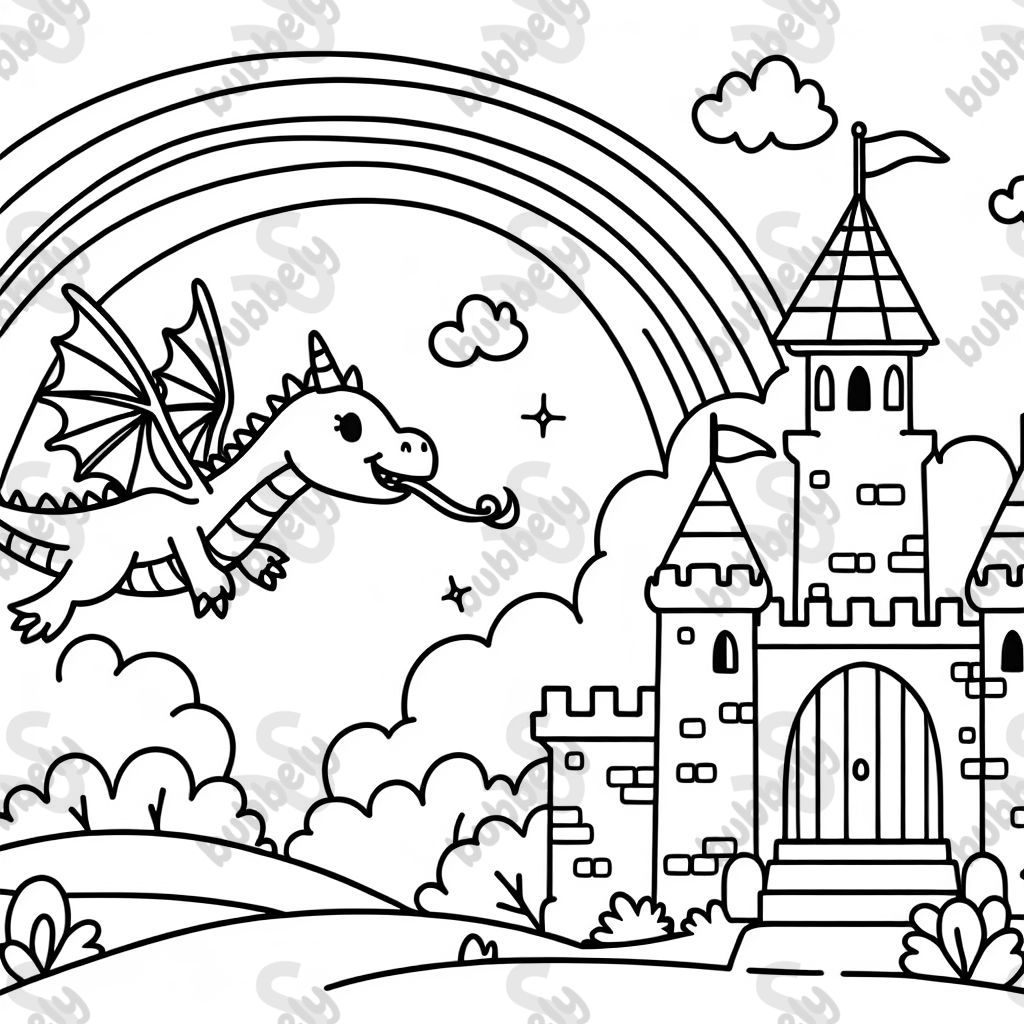 a dragon flying over a castle with a rainbow in the sky