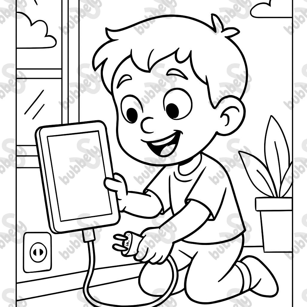 Kid plugging in a tablet Kid plugging in a tablet