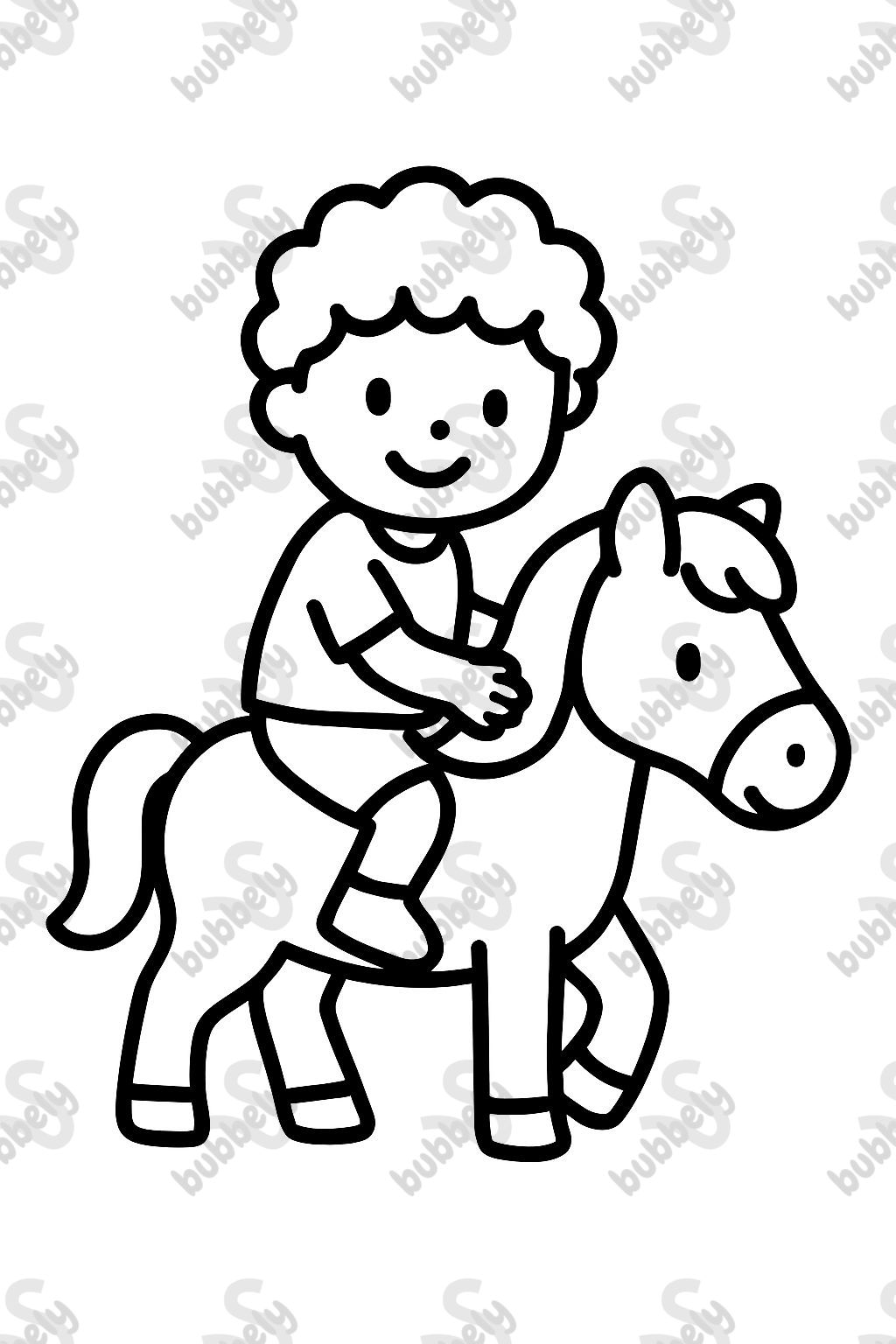 Un niño pequeño con rizos montando un pony Un niño pequeño con rizos montando un pony