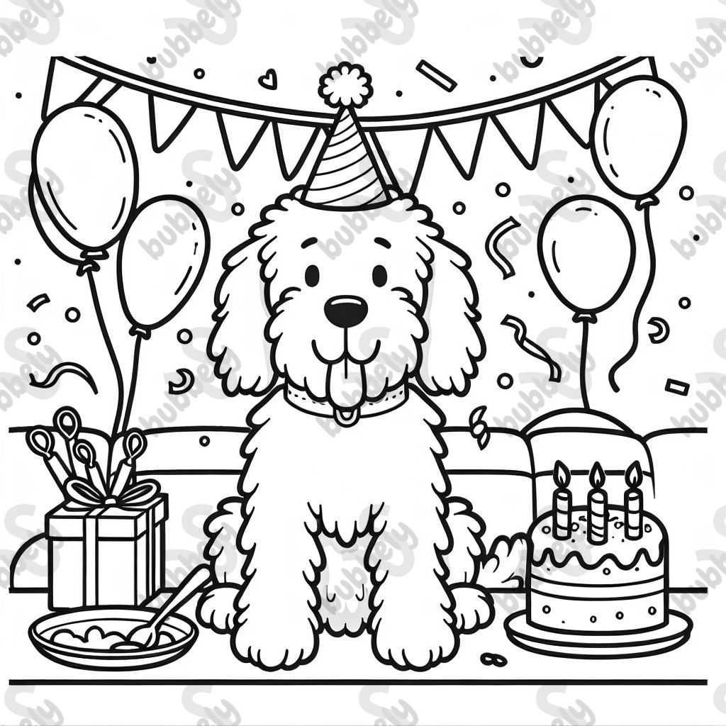 Goldendoodle dog at a birthday party.