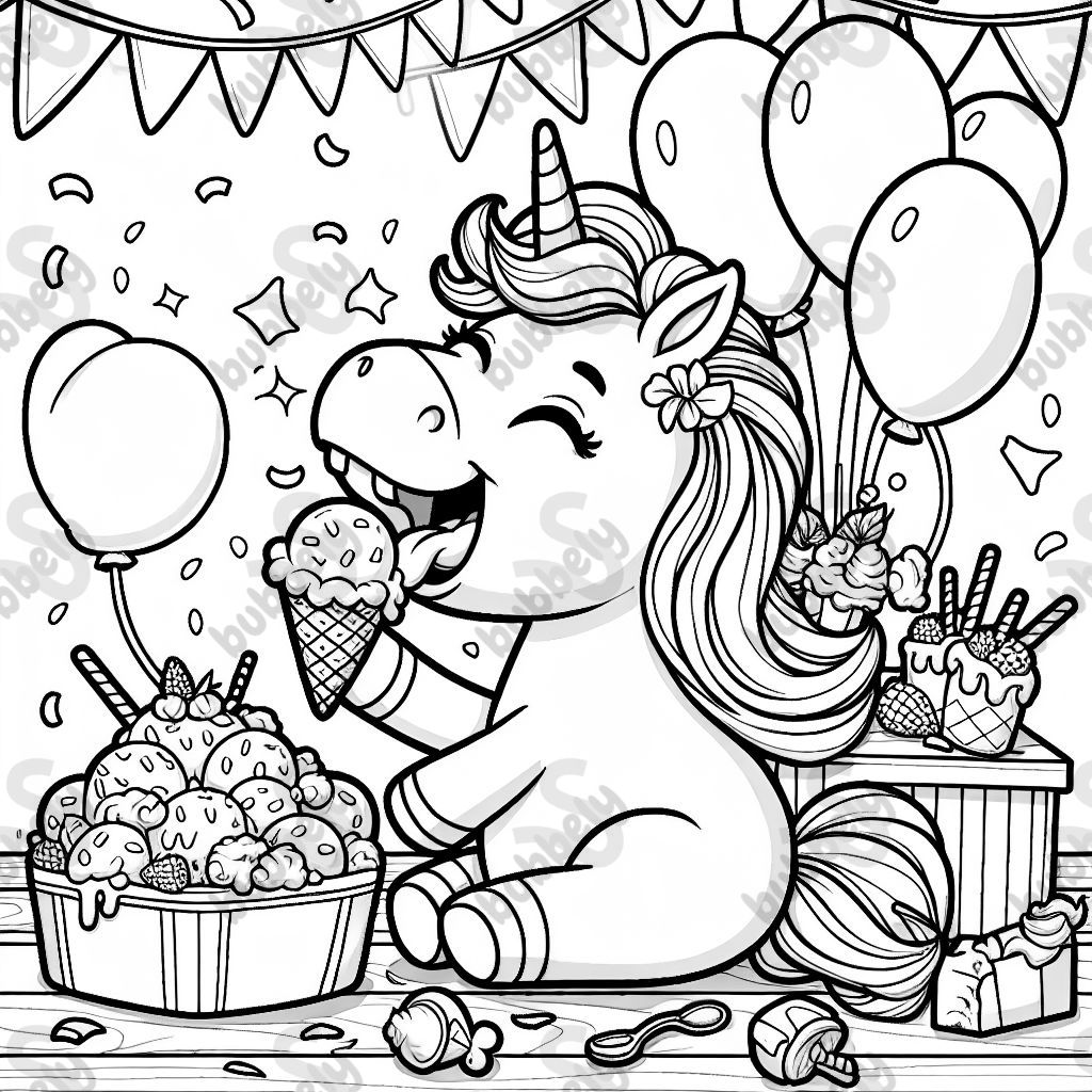 A unicorn eating ice cream at a party