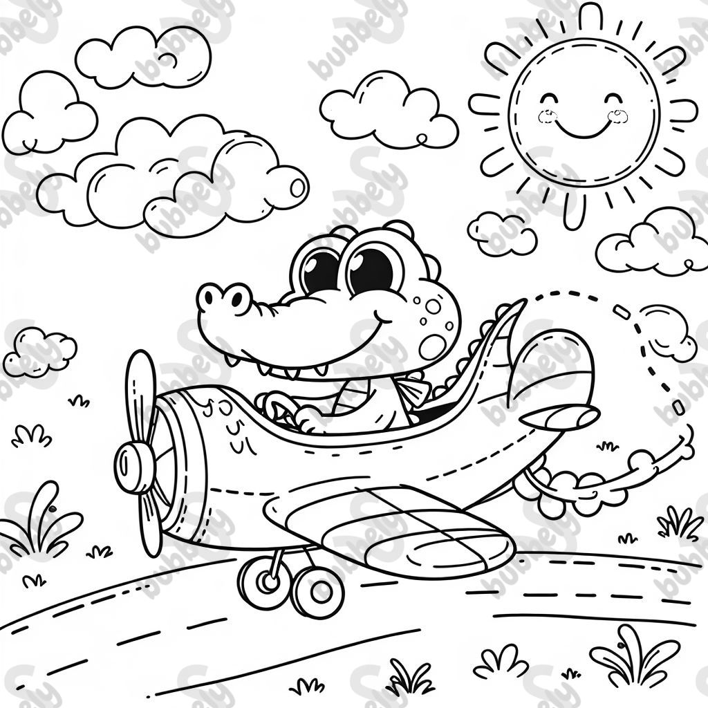 a cute airplane driven by a crocodile