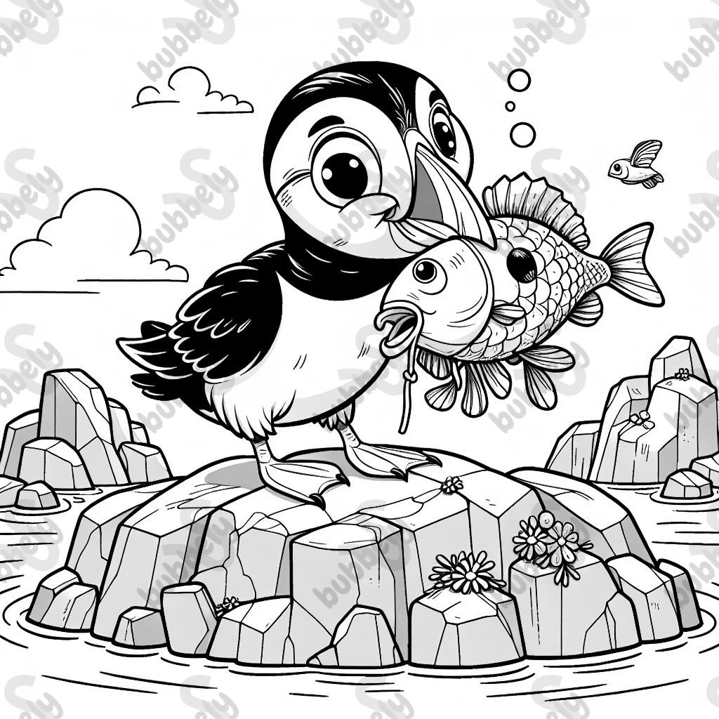 A puffin holding fish in its beak on a rocky island