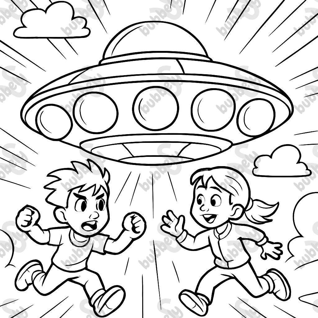 a round UFO with five large, glowing orbs inside, positioned between the upper and lower halves of the UFO