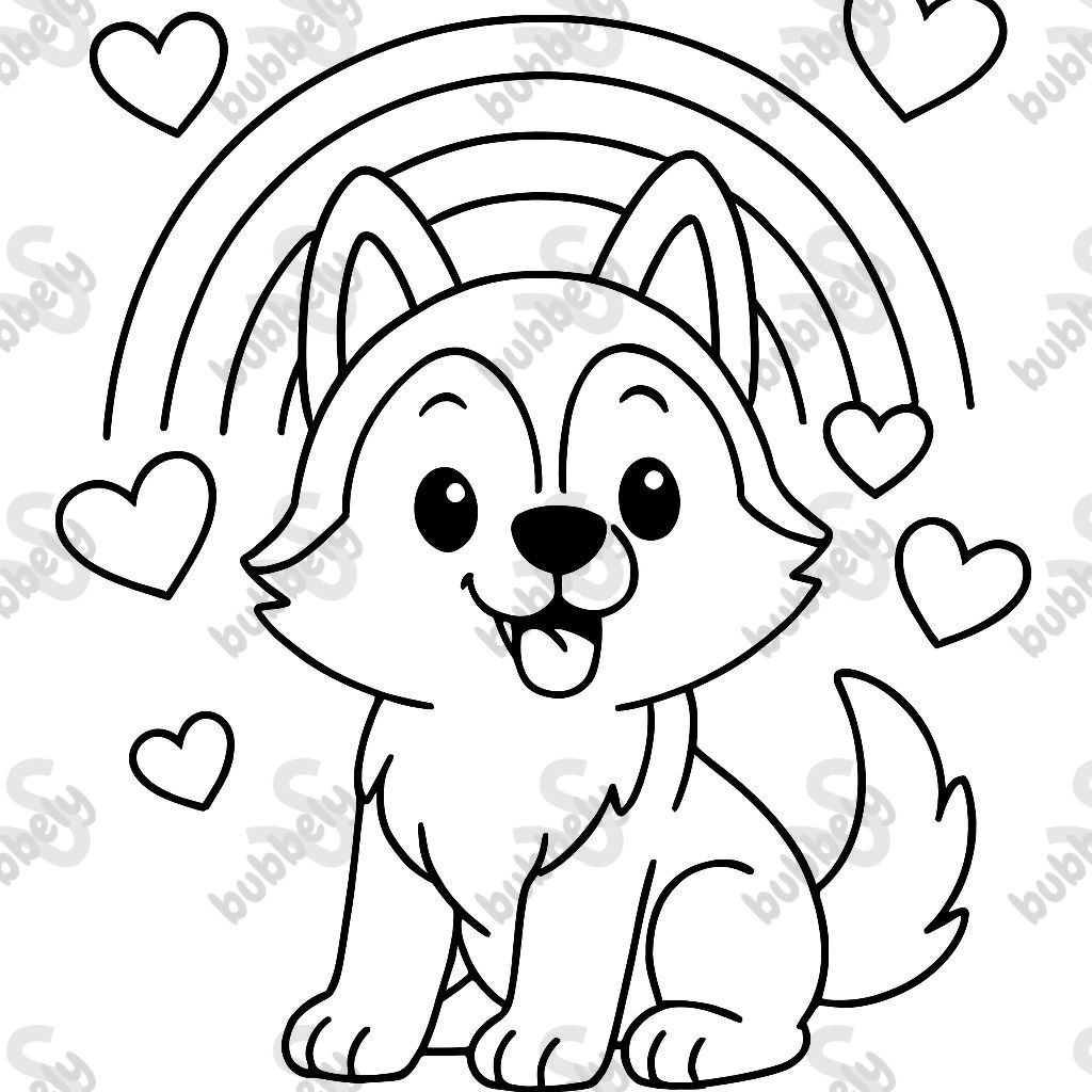 A cartoon husky dog surrounded by rainbows and hearts