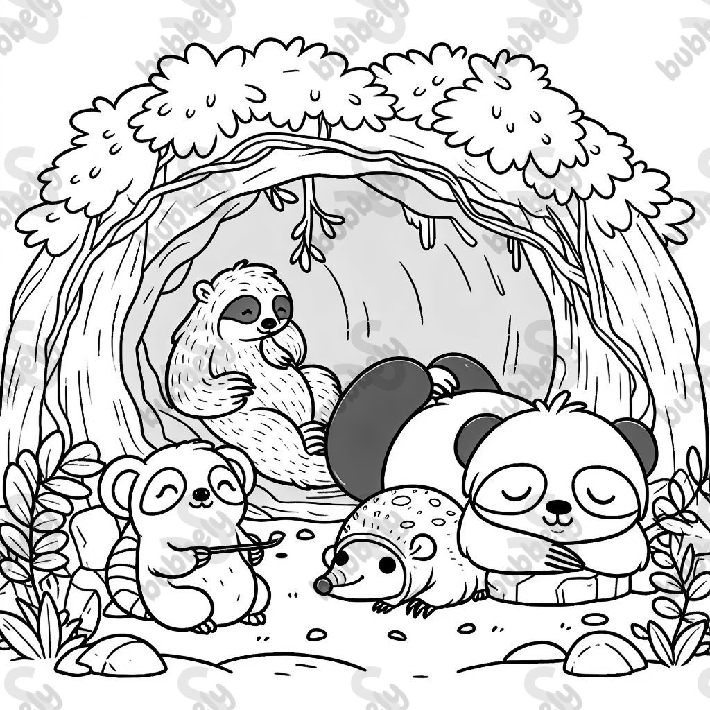 A sloth and a panda bear and a dormouse and an armadillo sleeping in a cave