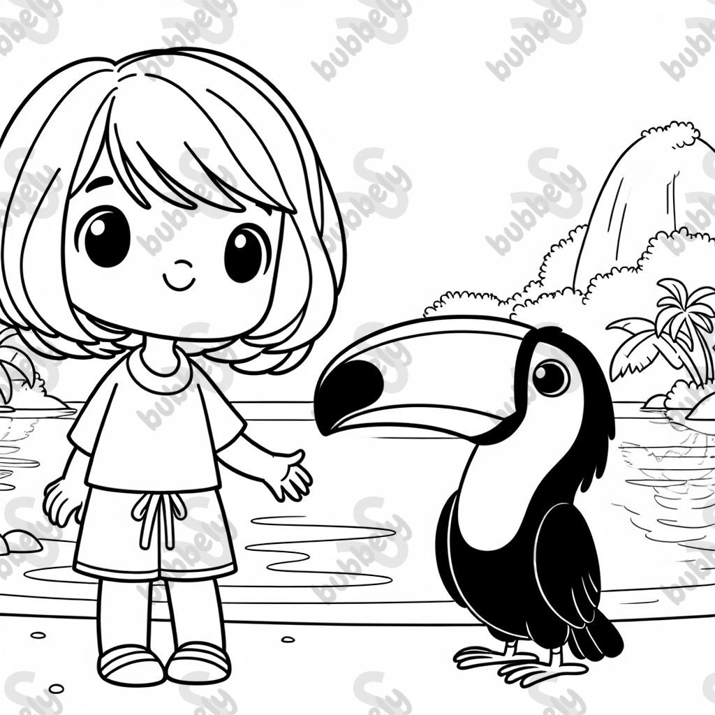 kleines mädchen mir schulterlangen haaren mit tukan am see