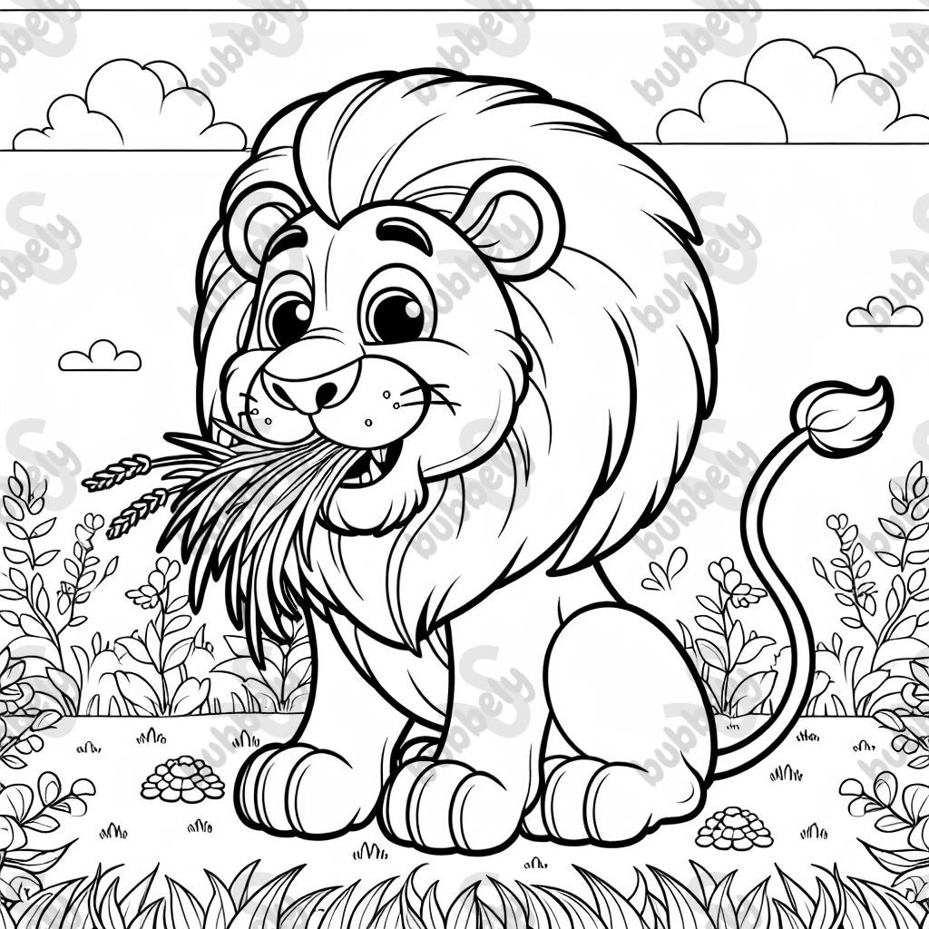 A lion eating grass