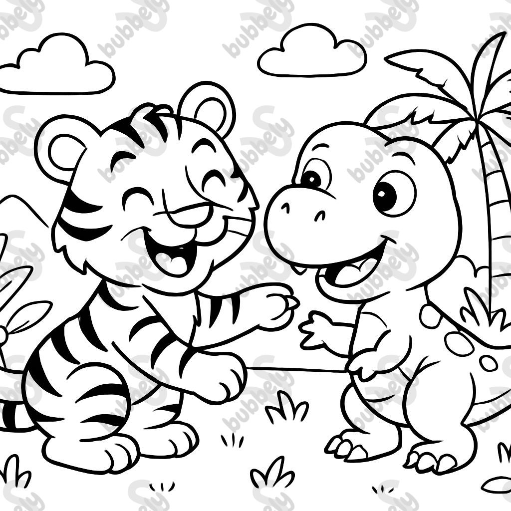 Tiger be friends with a t-rex baby