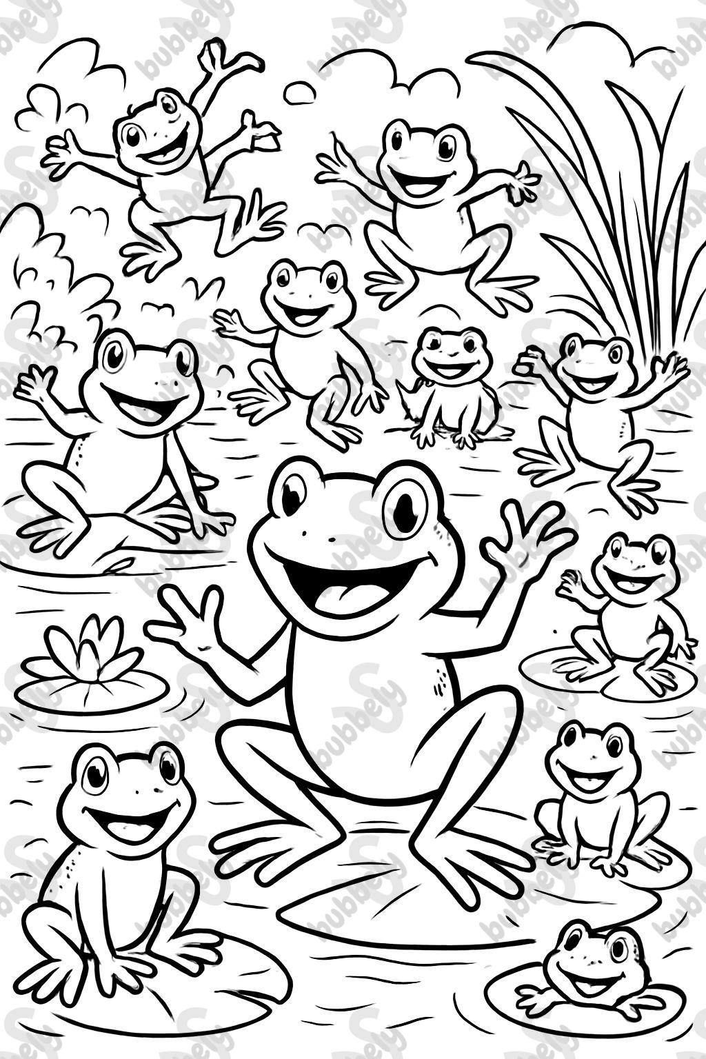 a group of frogs. 9 frogs are small and 3 are big. All are smiling.