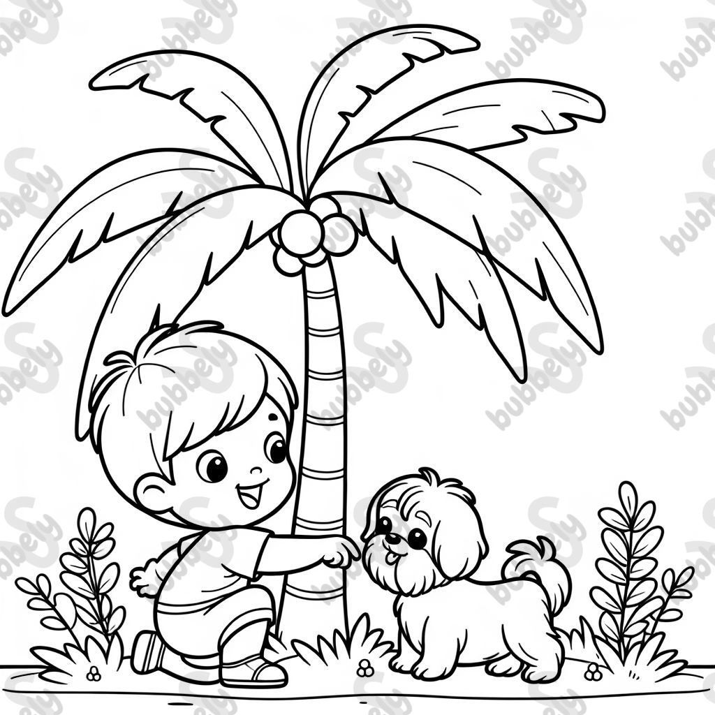 Little boy playing with shih tzu palm tree