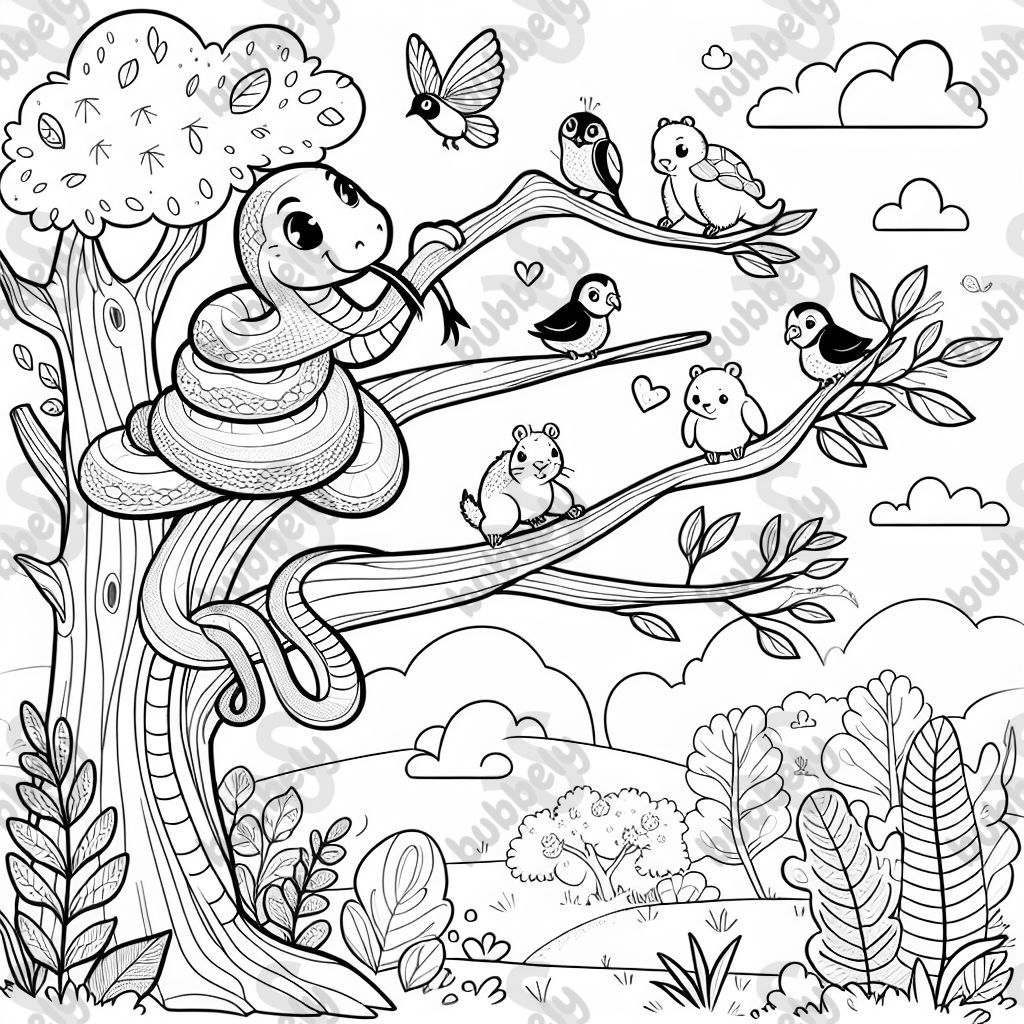 a cute snake climbing up a tree to play with its friends