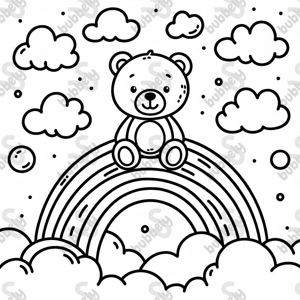 Einen runden teddybär auf einem Regenbogen in den wolken