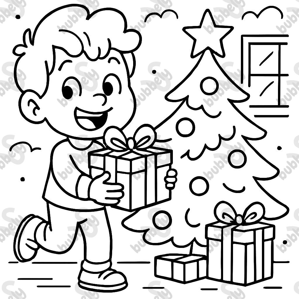 Young boy with wavy hair next to a Christmas tree holding a gift.
