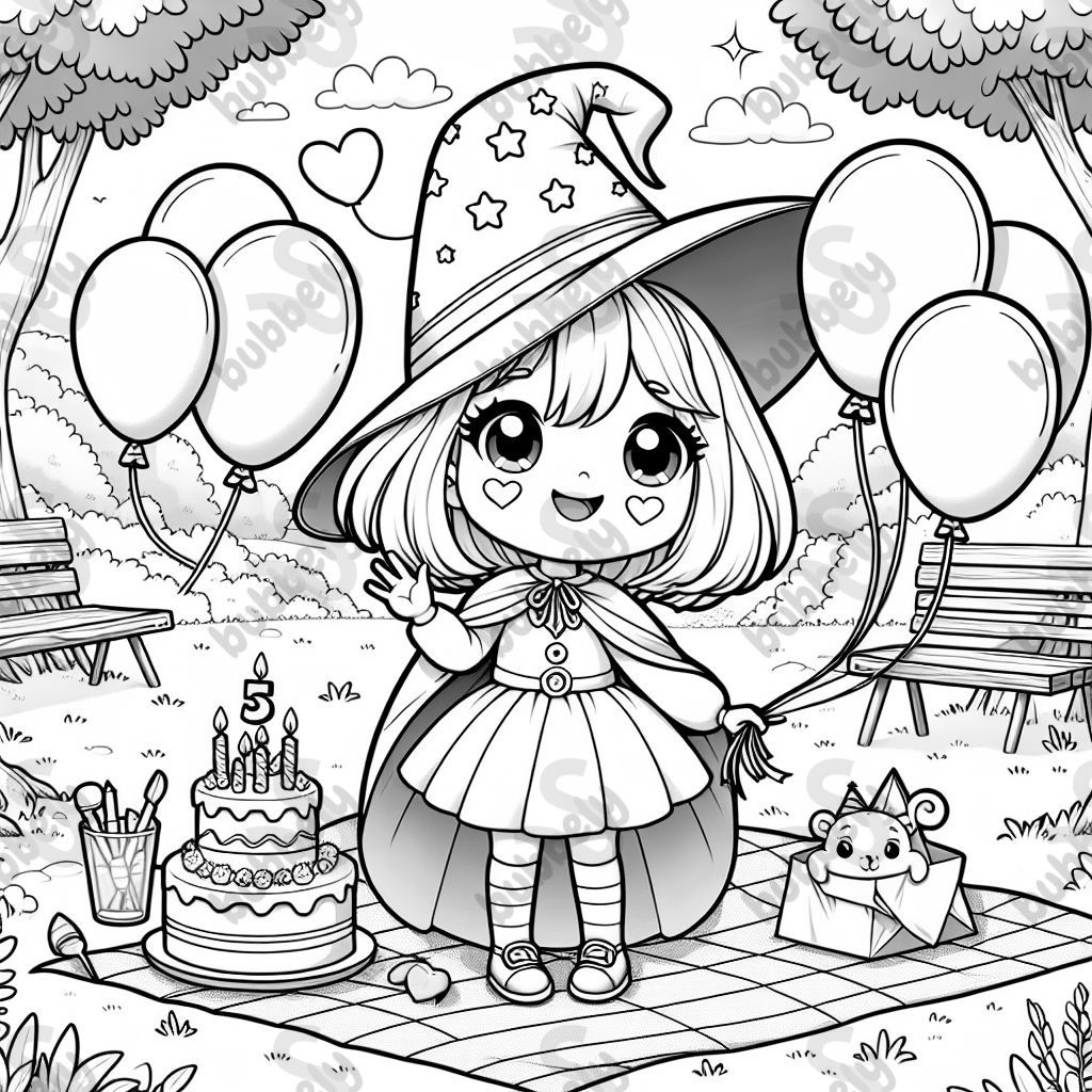 A sweet witch girl with shoulder-length hair celebrating her 5th birthday in the park. A sweet witch girl with shoulder-length hair celebrating her 5th birthday in the park.