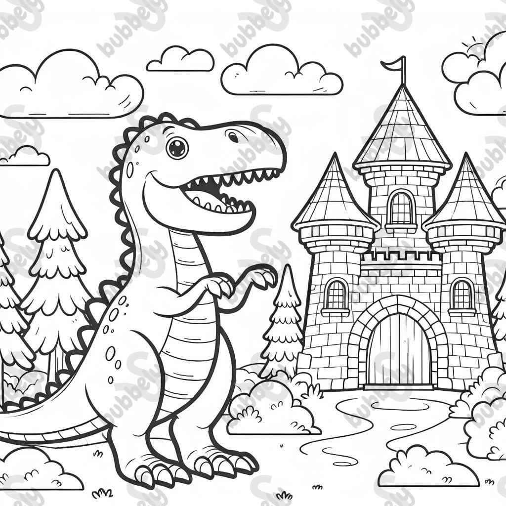 A dinosaur at a castle