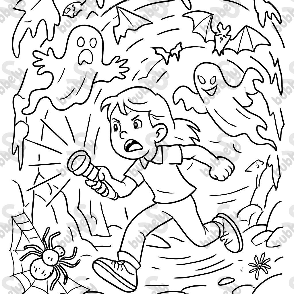 girl in a cave with ghosts, spiders, bats, and other spooky things, moss on the walls