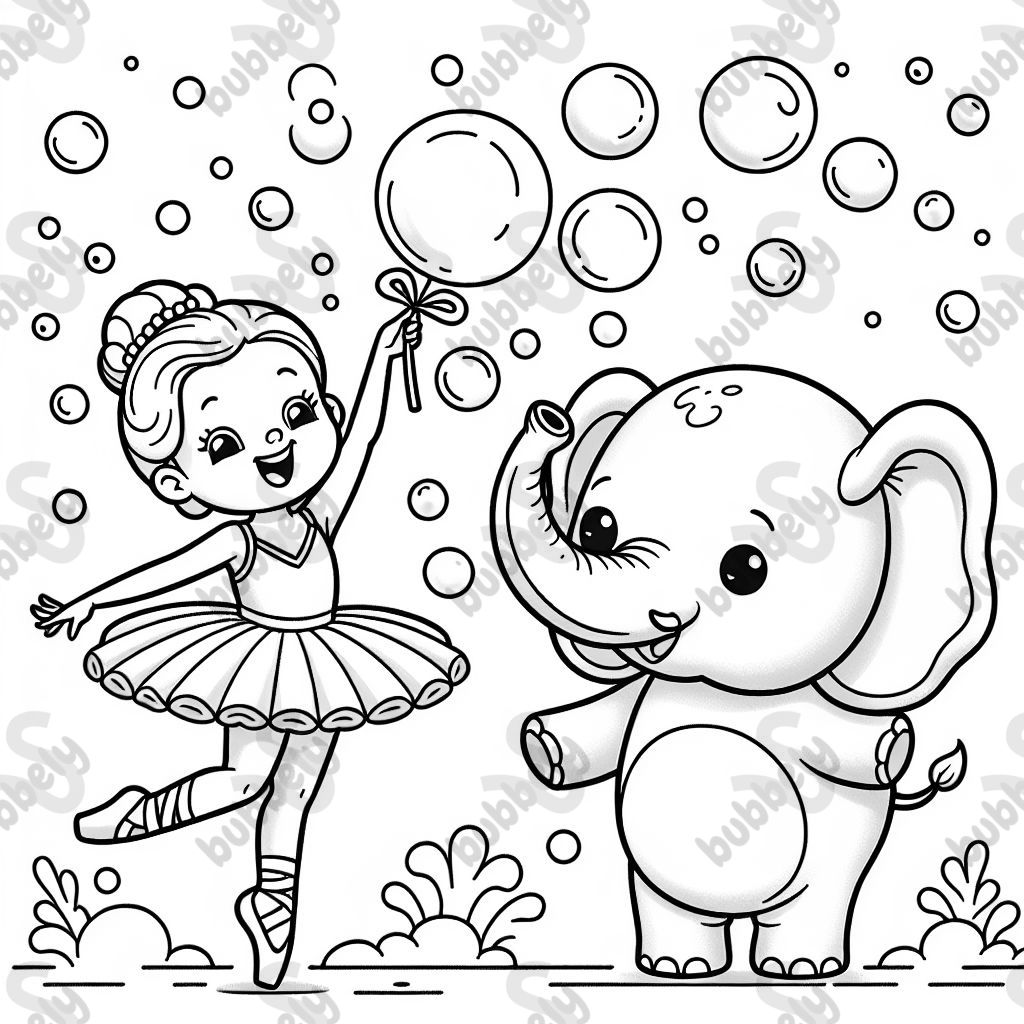 Ballet dancer and elephant blowong bubbles