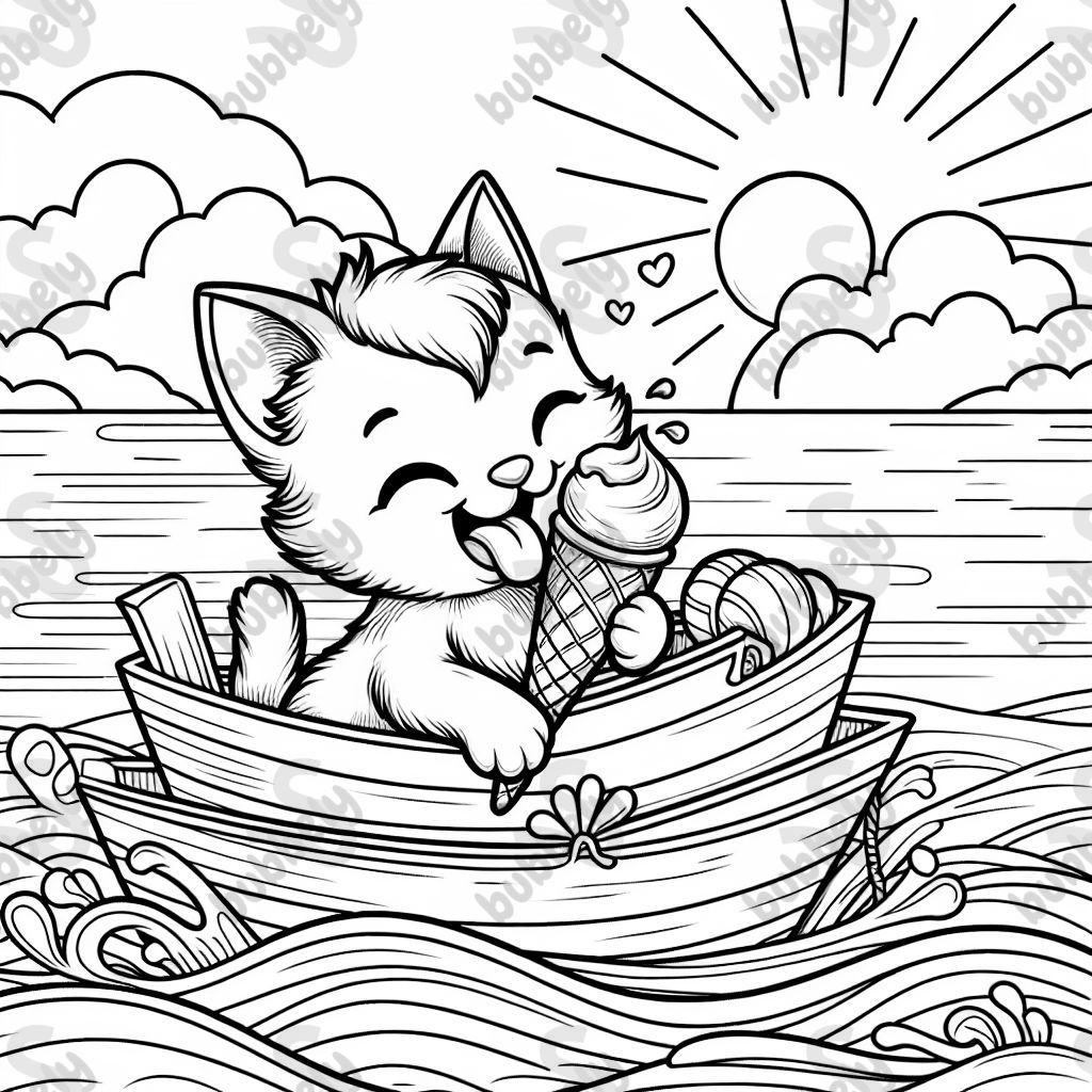 Kitten on a boat eating an ice cream