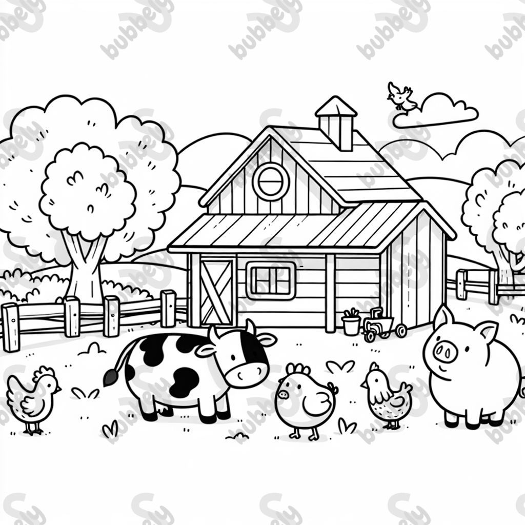 a farmhouse scene with only animals