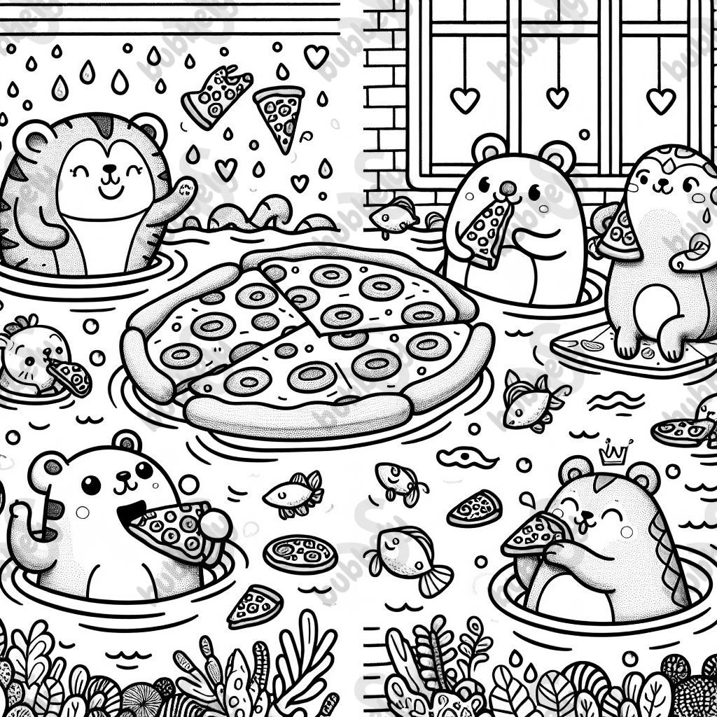 Animals swimming and eating pizza