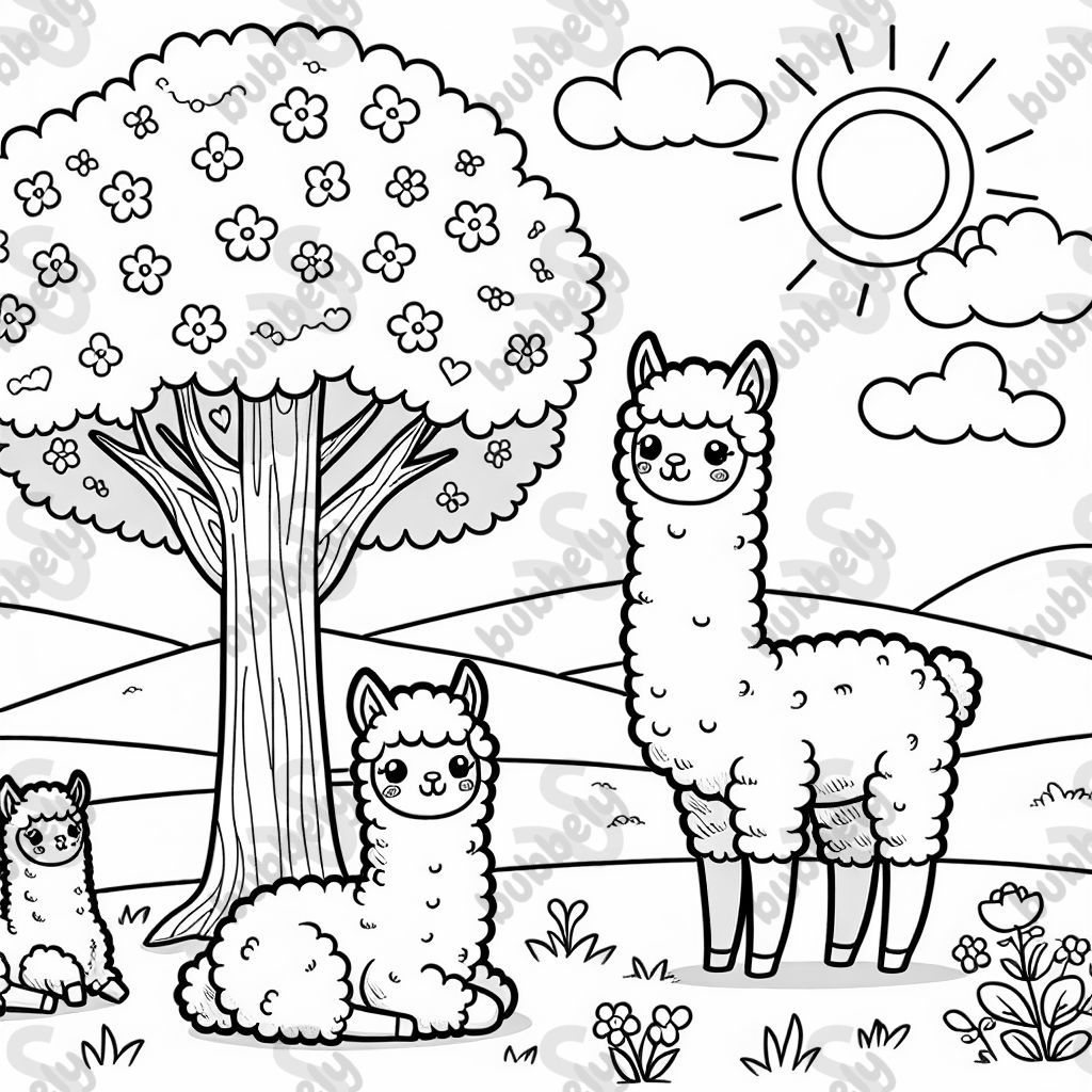 three alpacas in a meadow with a tree
