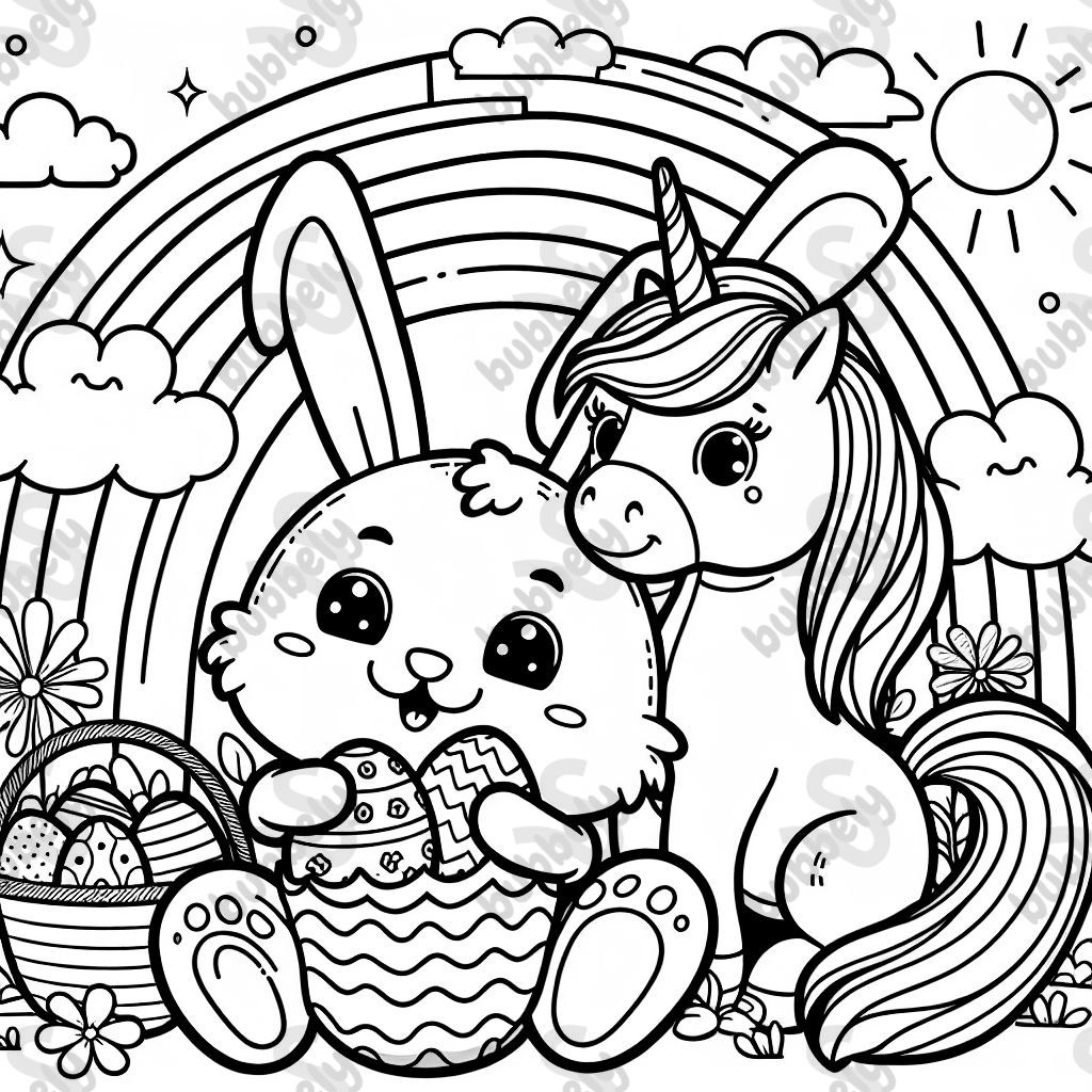 A Easter bunny with eggs, a rainbow, and a unicorn