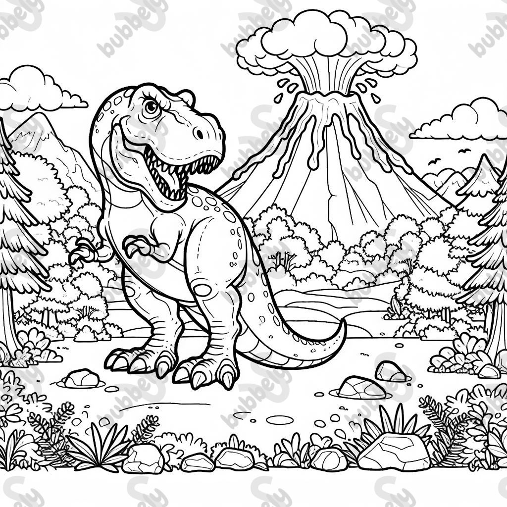 T rex mit vulkan der ausbricht