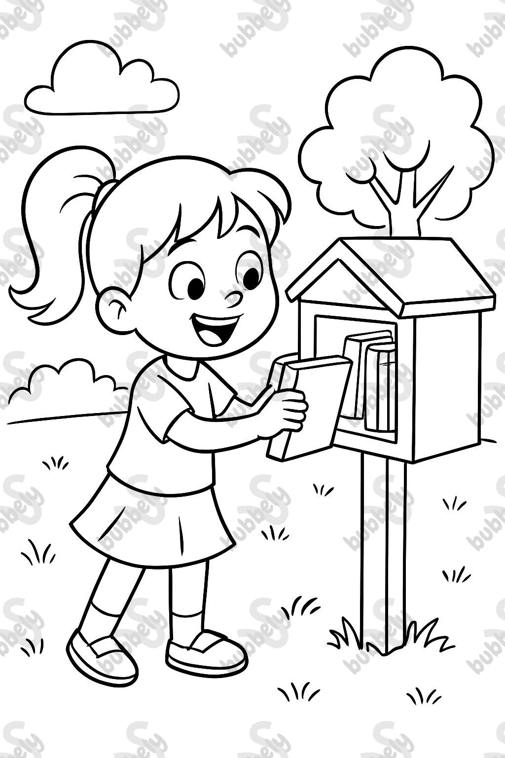 6 year old girl with a ponytail at a little free library picking out a book.