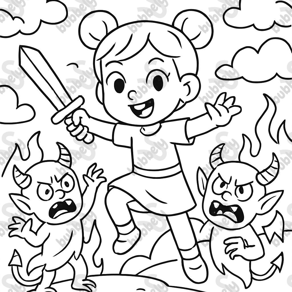 Fille avec deux chignons se battant contre des démons