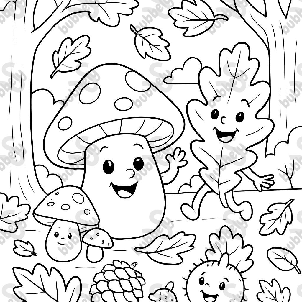 Autumn forest, with mushrooms, leaves, pine cones, chestnuts