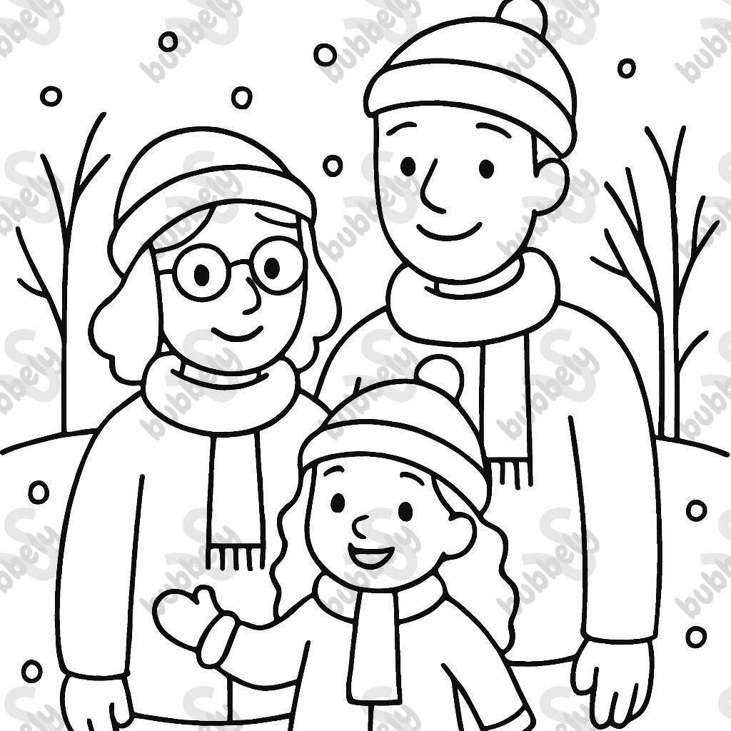 Une famille debout en hiver avec une maman portant des lunettes, un papa grand et une petite fille de 3 ans avec de longs cheveux frisés.