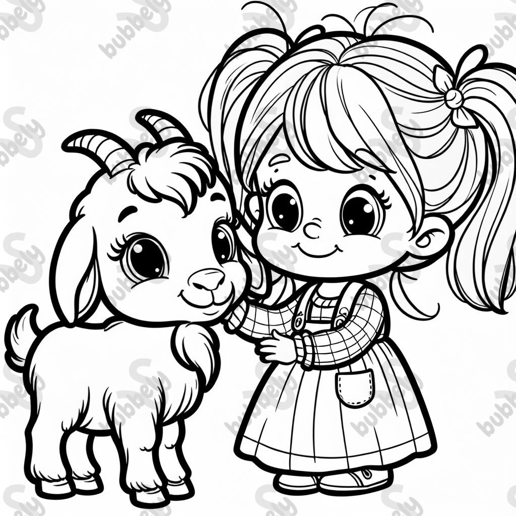 A blonde toddler girl with pigtails petting a friendly goat.