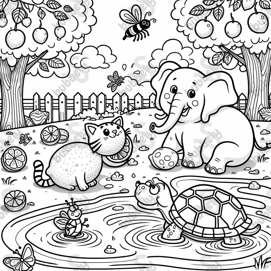 A coloring page featuring a lemon, a cat, a turtle, a fly, an elephant, and a mud puddle. A coloring page featuring a lemon, a cat, a turtle, a fly, an elephant, and a mud puddle.