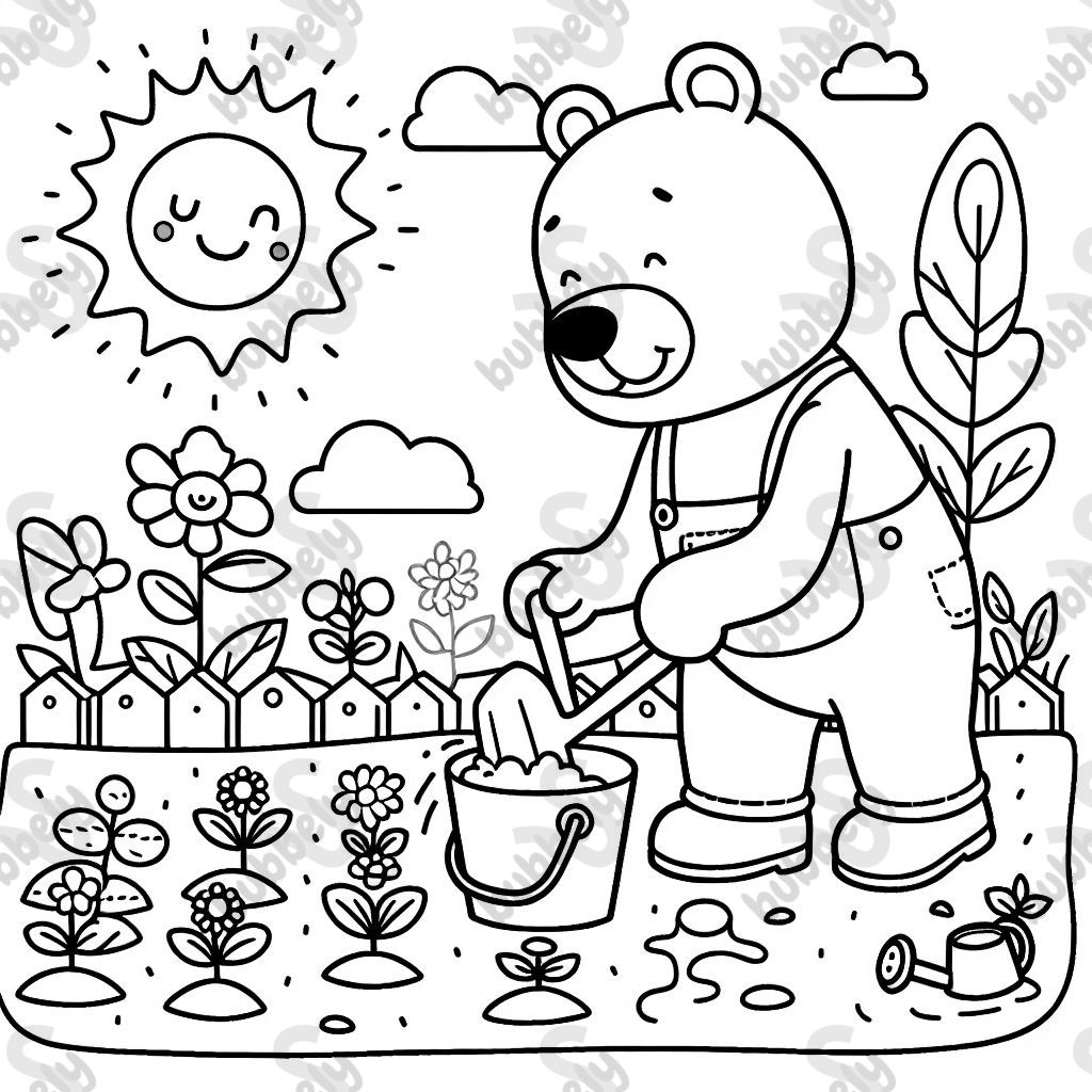 a bear planting a garden