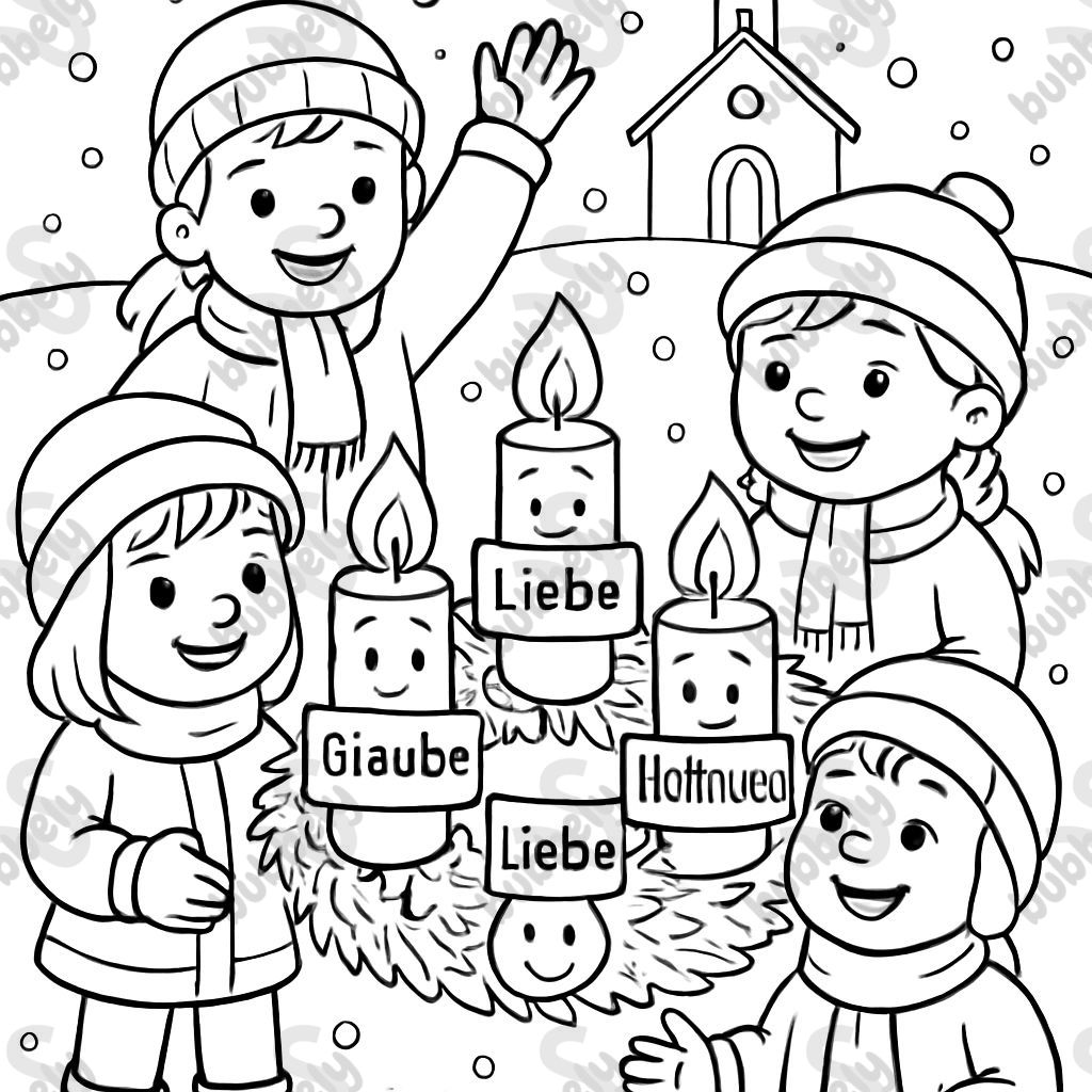 Coloring page: In the center: A round Advent wreath with four candles. Each candle has a friendly face and a small sign with its name: Courage, Faith, Love, Hope. Around the wreath stand four children (two girls, two boys) in winter clothing. In the background: A small church with a star above the roof and snowflakes falling from the sky. Coloring page: In the center: A round Advent wreath with four candles. Each candle has a friendly face and a small sign with its name: Courage, Faith, Love, Hope. Around the wreath stand four children (two girls, two boys) in winter clothing. In the background: A small church with a star above the roof and snowflakes falling from the sky.