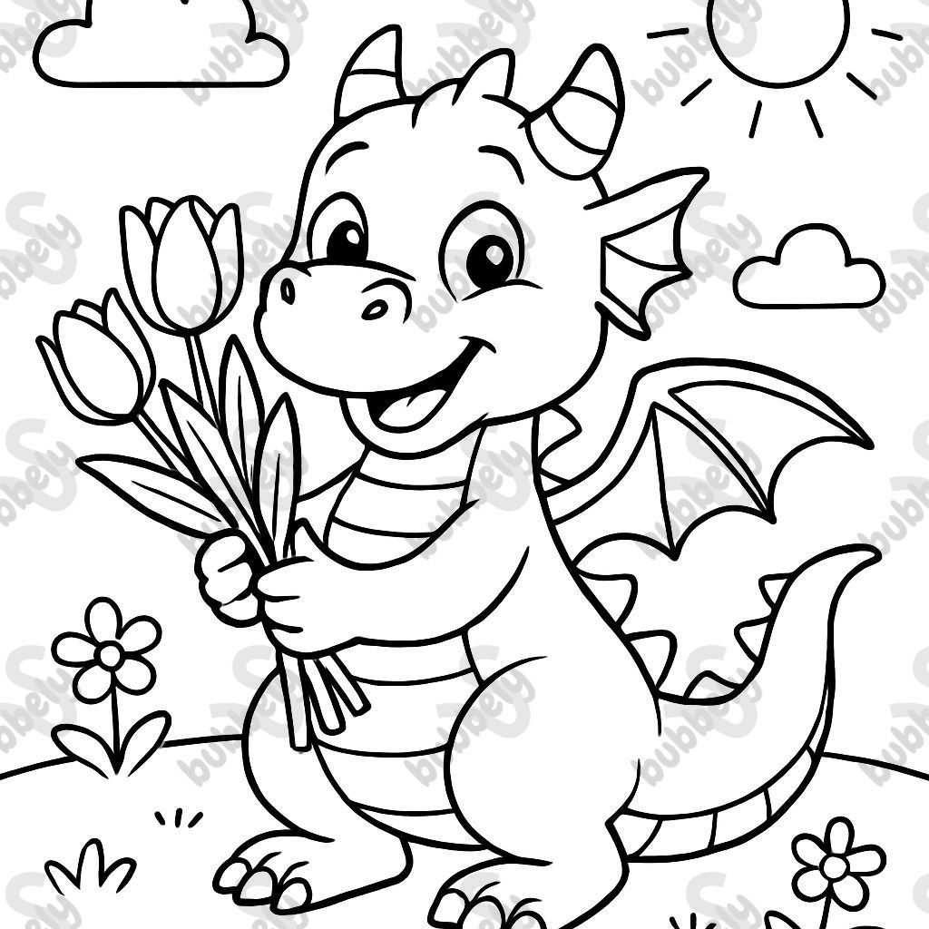 Dragon holding tulips