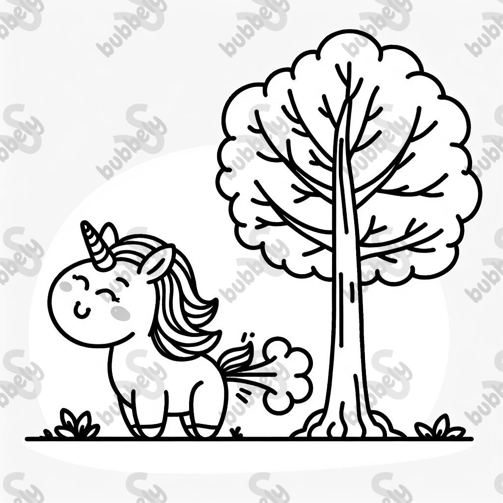 ein Einhorn, dass mit seinem Horn im Baum stecken geblieben ist und dabei pupst.