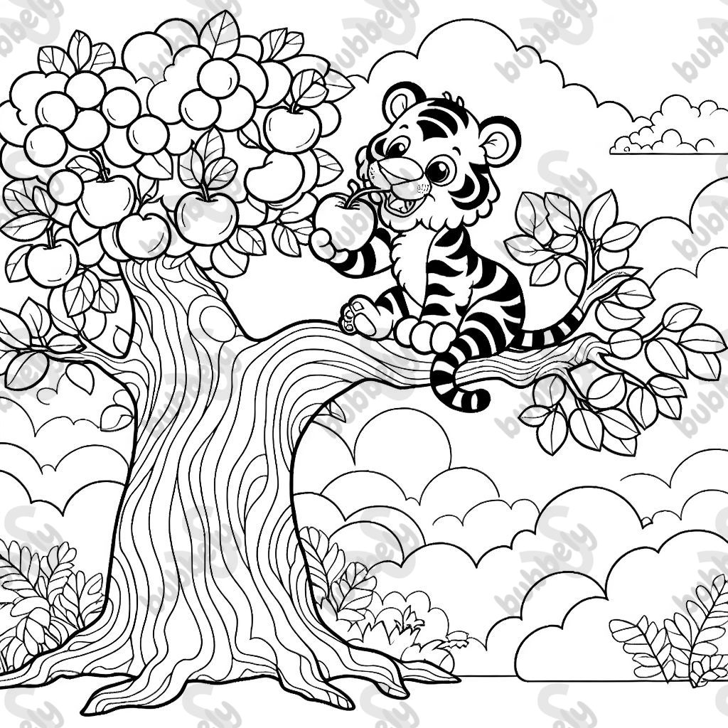 Un tigre dans un arbre en train de manger une pomme.