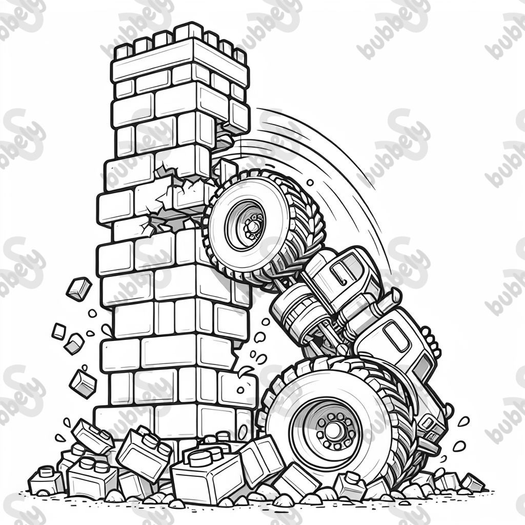 Einen Turm aud bauklötzen der von einem monstertruck angefahren wird