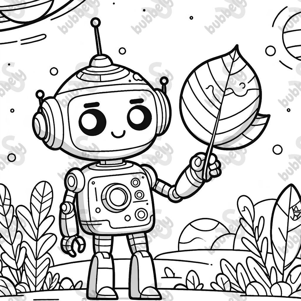 einen Roboter der ein Laubblatt hält